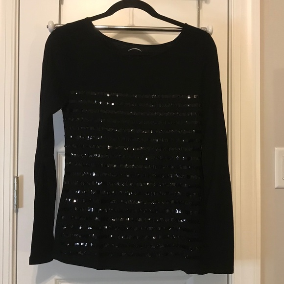 Sparkly INC sequin-striped black on black long sleeve boat neck top (L) - Picture 4 of 13